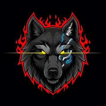 Dark Wolf Head with Cybernetic Eye and Flames
