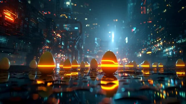 Easter celebration with glowing eggs in a futuristic neon-lit cityscape at night with technology
