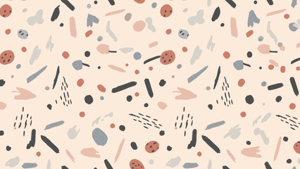 Fototapeta premium Artistic abstract seamless pattern showcasing a dynamic mix of hand-drawn shapes, dots, and lines in muted earthy tones on a soft light peach background.