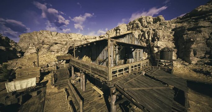 A rustic wooden building sits atop a rocky terrain under a vivid sky. Surrounding structures suggest a mining or exploration site, capturing a sense of adventure.