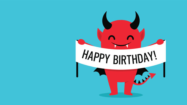 Playful cartoon featuring an adorable red devil character joyfully holding a "Happy Birthday!" banner, presented against a cheerful light blue background.
