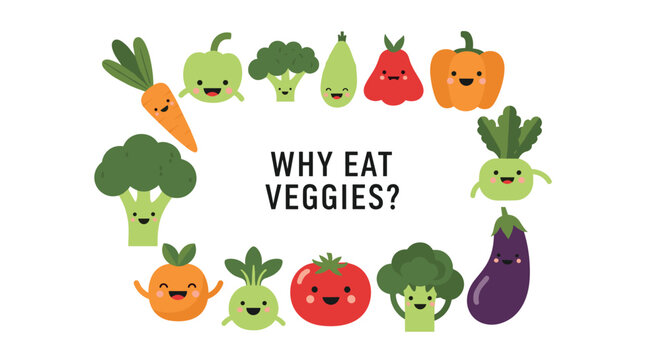 Collection of cute cartoon vegetable characters with smiling faces surrounding text asking why eat veggies on white background.