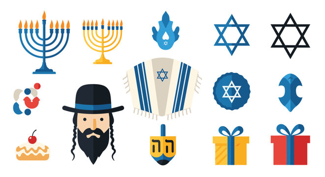 Collection of various jewish holiday symbols including menorahs star of david dreidel gifts and traditional hat with beard on white.