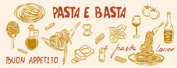 Plakat Hand drawn doodle italian pasta elements collection