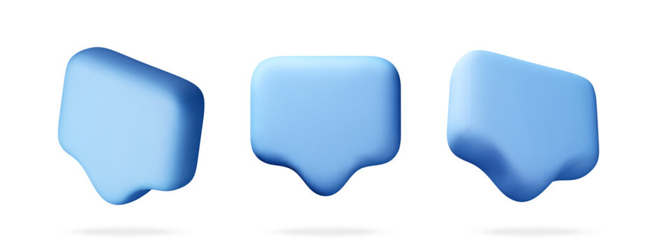 Blue 3d speech bubble icons in different angles. Minimalist communication cloud set for messaging and chat interface. Digital web design and social media graphic. Vector illustration