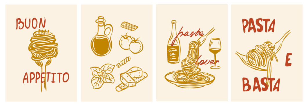 Line art doodle italian pasta prints set