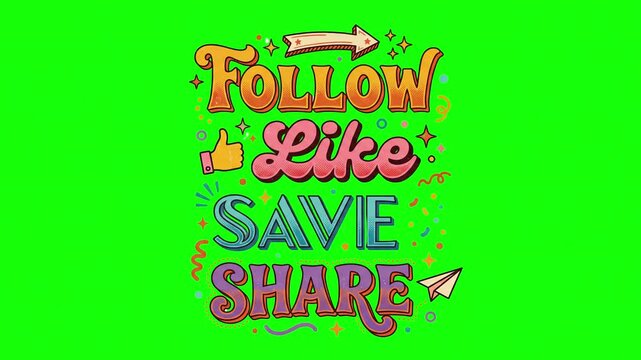 Colorful Retro Psychedelic Follow Like Save Share Animation on Green Screen
