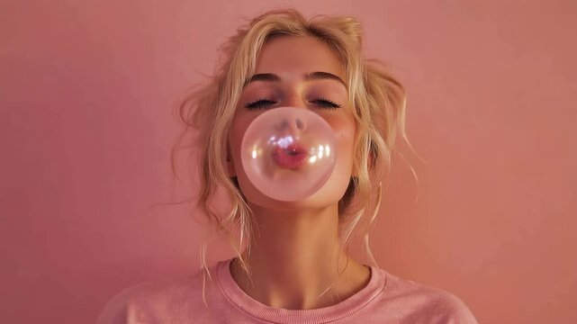 Portrait of young playful blonde girl standing isolated over pink background while blowing bubble with chewing gum. Woman looking at camera. Funny
