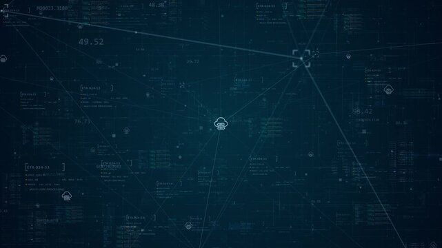 Motion graphic of cloud computing hub in a cloud network with data transfer lines and digital infrastructure visuals, designed for cybersecurity, SaaS platforms, and enterprise technology.