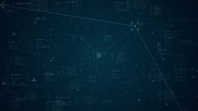 Motion graphic of binary code in a digital network with data processing streams and technology background elements, designed for cybersecurity, software, and information flow visuals.