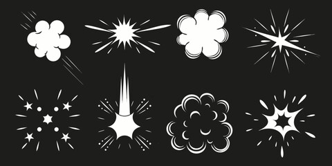 Comic book explosion effects in white against a dark background silhouette © Suvro