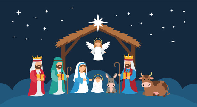 Christmas nativity scene illustration with the holy family, three kings with gifts, and animals in a stable under a star.