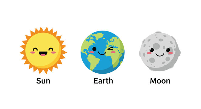 Cute cartoon illustration of the sun earth and moon with happy faces on a clean white background for kids education.