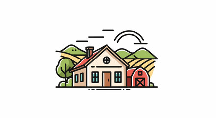 Fototapeta premium A stylized illustration of a rural home, barn, tree, and rolling hills under a playful sky