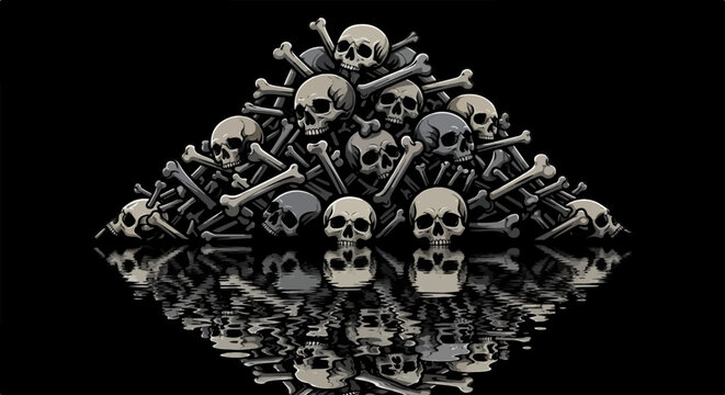 Pile of skulls and bones with reflection on dark background