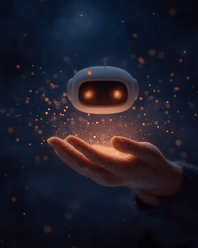 Embracing Technology: A futuristic vision of innovation unfolds as a luminous robot hovers above a person's outstretched hand, embodying the fusion of technology and human interaction.