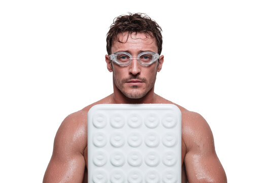 Man wearing goggles holding swim kickboard in studio