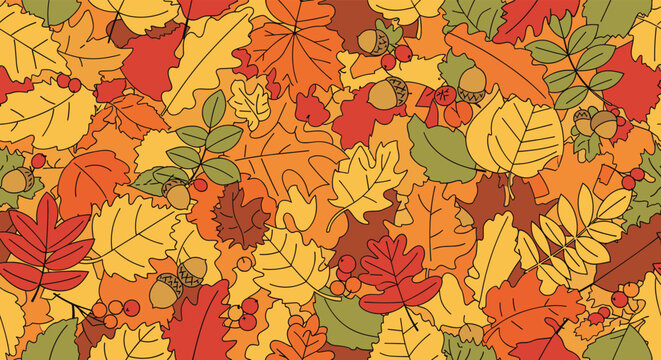 Seamless autumn pattern filled with colorful fallen leaves acorns and berries in vibrant shades of orange red and yellow.