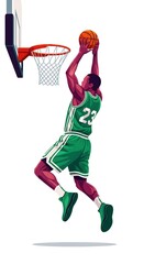 Obraz premium Athletic Male Basketball Player in Green Uniform Dunking Ball into Hoop
