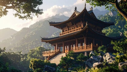 Obraz premium A stunning view of a traditional Chinese temple nestled amidst lush greenery and towering mountains, bathed in the warm glow of the setting sun.