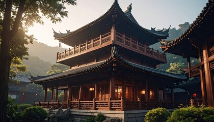 Obraz premium A stunning view of a traditional Chinese pavilion with intricate wooden architecture nestled amidst lush greenery and a backdrop of rolling hills bathed in warm sunlight.