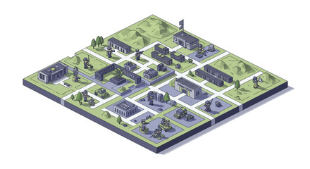 Isometric 3D illustration showcasing a detailed military headquarters with various barracks, a shipyard, and a warship dock, set against a clean white background, creating a strategic © Mukhamad