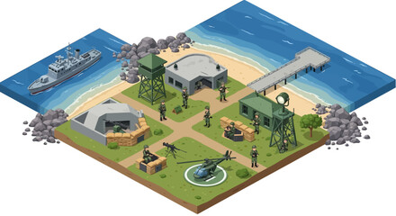 Isometric 3D illustration showcases a detailed military base with a naval shipyard, featuring a warship docked near the maritime facility, all rendered in a strategic planning map © Mukhamad