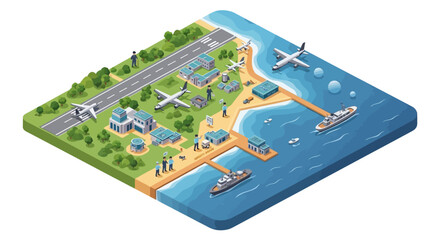 Isometric vector illustration showing a detailed military base with an army camp, naval port including a warship dock, a shipyard, and an airstrip with planes, all visualized © Mukhamad