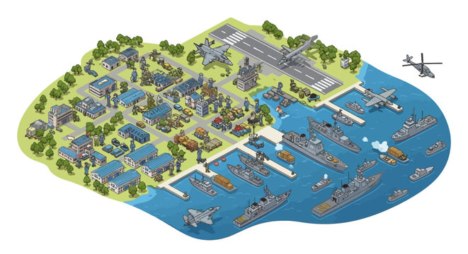 Isometric 3D illustration features a military compound and naval base with warships docked in the shipyard, alongside an army barracks and a landing strip, all set against a clean background