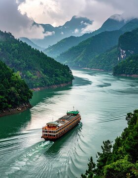 A scenic view of a river winding through lush green mountains, with a passenger boat navigating the waterway under a cloudy sky.