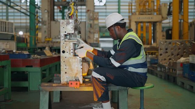 Craftsman at work: Focused technician meticulously inspects machinery within a vibrant, bustling industrial setting, showcasing dedication and technical expertise.