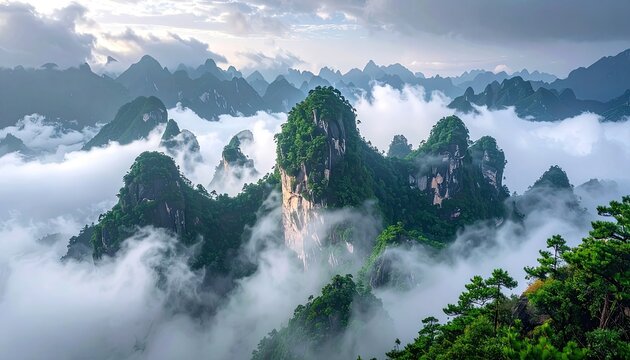 Majestic karst mountains rise dramatically from a sea of clouds, creating a breathtaking landscape.