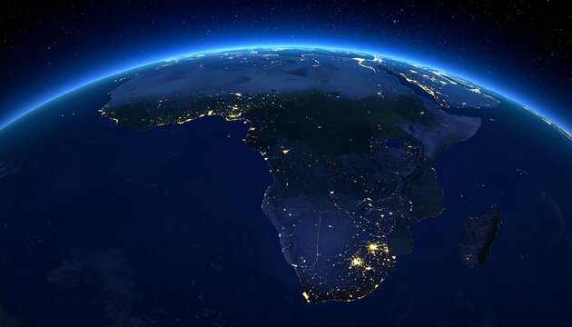 Nighttime View of Africa - Illuminated Cities and Earths Atmosphere.