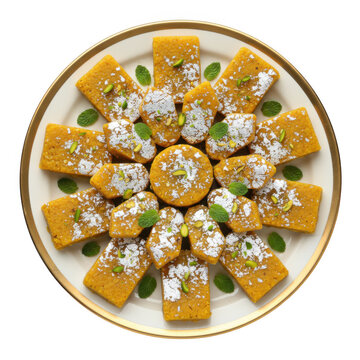 Indian sweets mysore pak on a round plate isolated on a transparent background