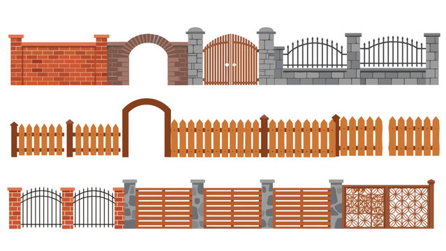 Collection of various fence and gate designs including traditional red brick, natural wood picket, wrought iron, and stone pillars.
