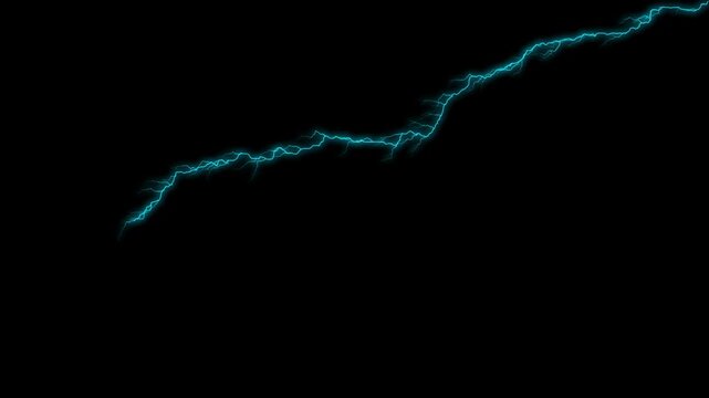Lightning bolt thunderstorm strike animation, realistic electric lightning flash isolated on black background with glow and energy discharge, high voltage electricity VFX element for compositing.