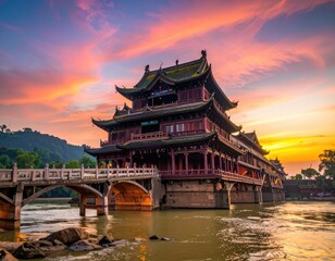 Fototapeta premium A stunning view of the historic Pavilion of Link-Happiness in Chongqing, China, bathed in the warm glow of a vibrant sunset over the Jialing River.