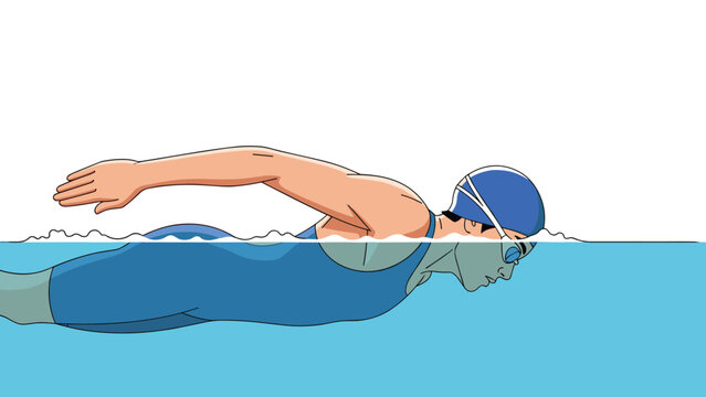 Male athlete swims freestyle stroke in clear blue water showing proper technique and form for competitive swimming.