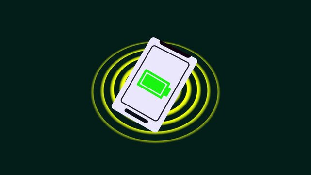 Animated White Smart phone with battery ful Icon and yellow Concentric Rings on Dark green Background mobile phone, white smart phone Inside yellow concentric rings animation on green background.