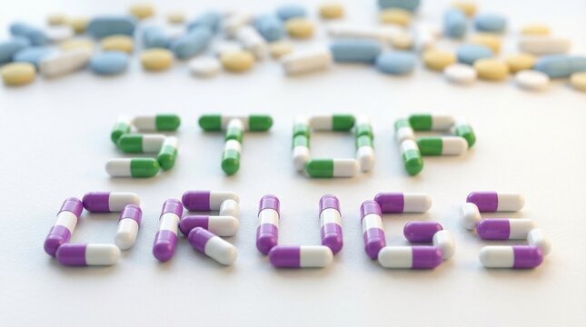 Stop Drugs message spelled out with colorful capsules on a white background with a pile of pills.