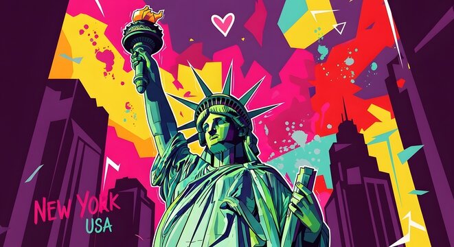 Statue of liberty standing tall in new york city with vibrant colorful background