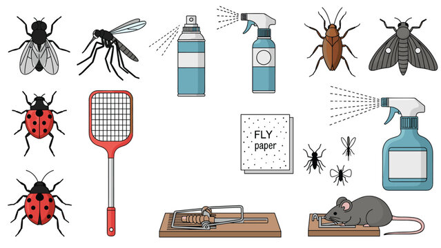 Comprehensive set of pest control symbols includes insects like cockroaches flies mosquitoes along with traps and sprays.