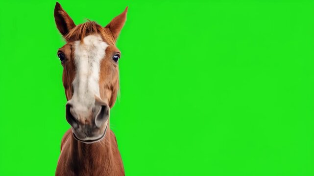 Realistic brown Horse on a Vibrant Green Screen Background" Funny portrait of nature horse face moving on green screen. Chroma key