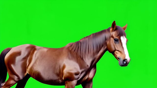 Realistic brown Horse on a Vibrant Green Screen Background" Funny portrait of nature horse face moving on green screen. Chroma key