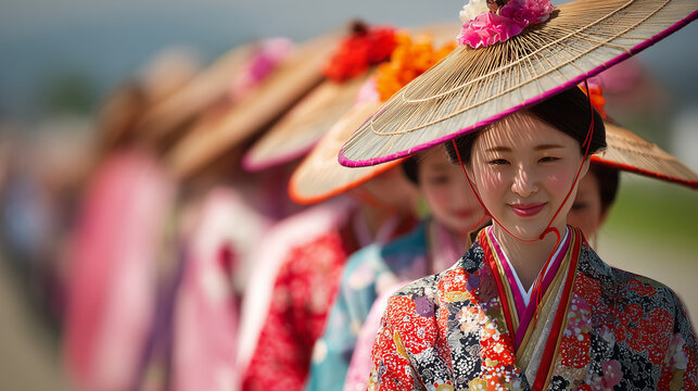 Aoi Matsuri Festival, Elegant Japanese women wearing traditional kimono and straw hats walking in ceremonial procession during Aoi Matsuri Festival in Kyoto Japan
