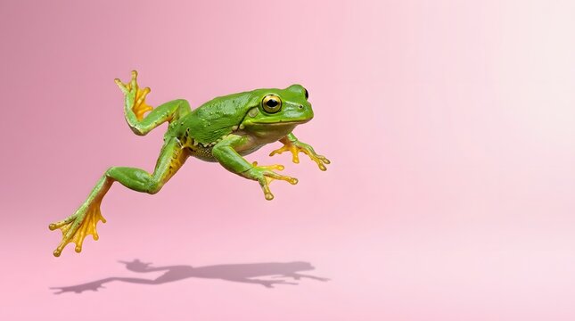 Green tree frog jumping on pink background in mid-air motion