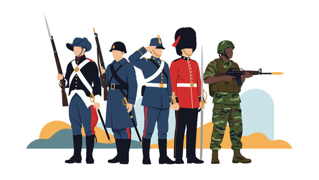 Group of soldiers representing different eras and nations including historical guards and a modern combat soldier with a rifle.