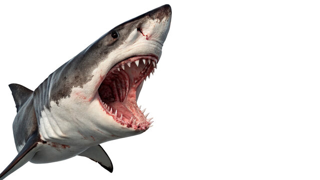 Great white shark jumps out of water with mouth open isolated on transparent background cut out