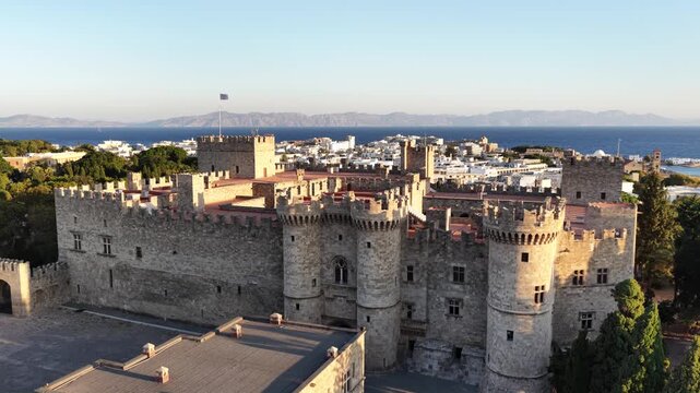 Palace of the Grand Master aerial view Rhodes Greece golden hour light