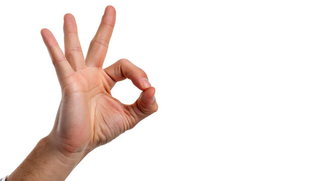 Hand showing okay sign with three fingers raised  isolated on transparent background cut out